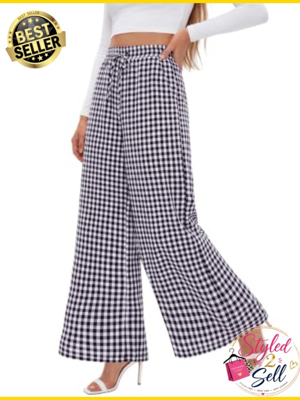 DIRASS Women High Waist Wide Leg Palazzo Pants 100% Cotton Gingham - Picture 5 of 6